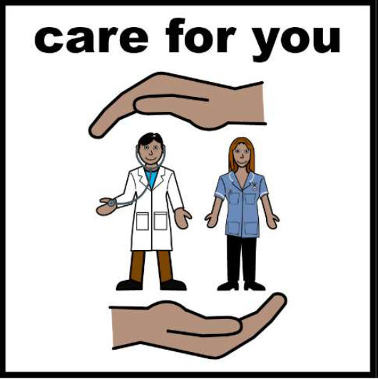 Picture titled care for you with two hands and a nurse and doctor in between them