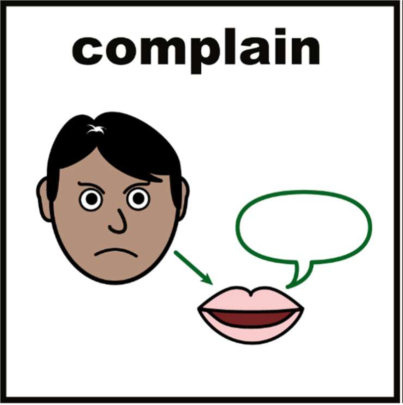 Picture titled 'complain' of an unhappy man, an arrow from him to lips and a speech bubble.