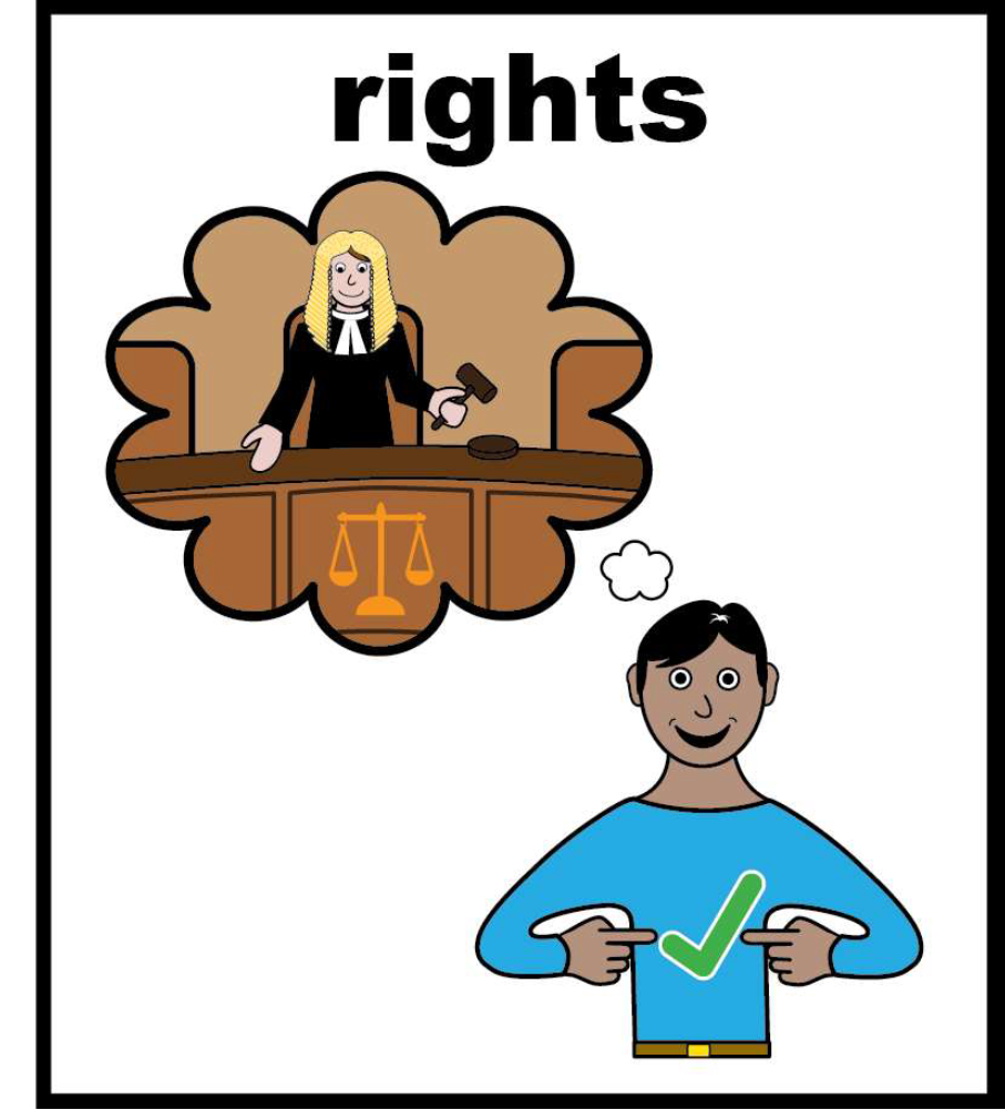 Picture titled 'rights' with a person with a tick on his chest pointing to himself and a speech bubble from him which shows a judge in a courtoom